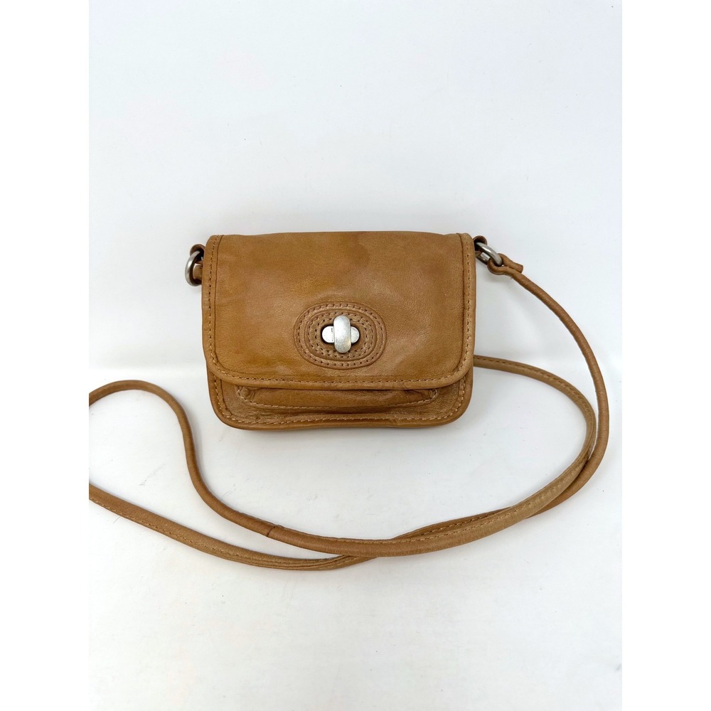 Vintage Fossil Mini Turn Lock Leather Crossbody Bag Camel Tan